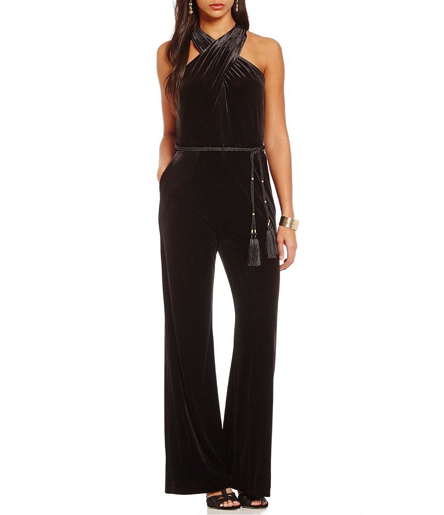Tahari ASL Velvet Halter Neck Cord-Belt Jumpsuit