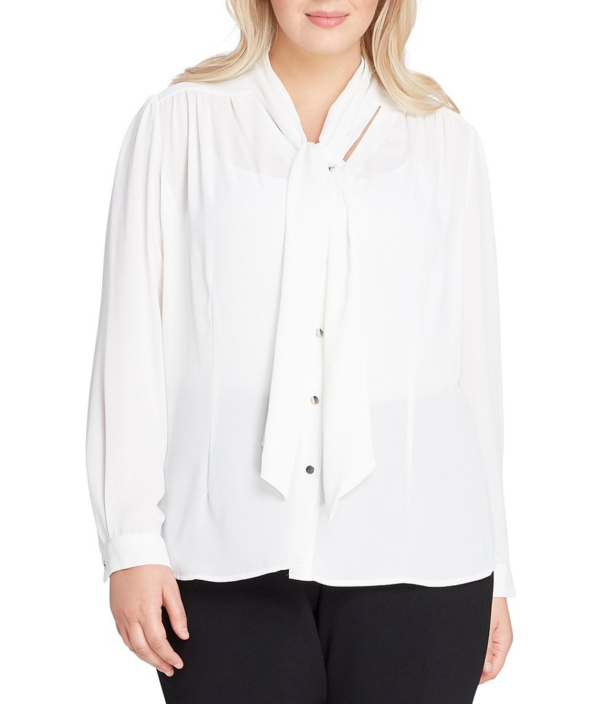 Tahari by ASL Plus Tie-Neck Button-Front Georgette Blouse
