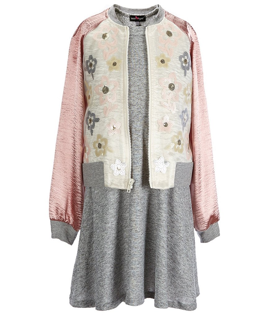 Teeze Me Girls Big Girls 7-16 Fit-And-Flare Dress & Sequin Bomber Jacket Set