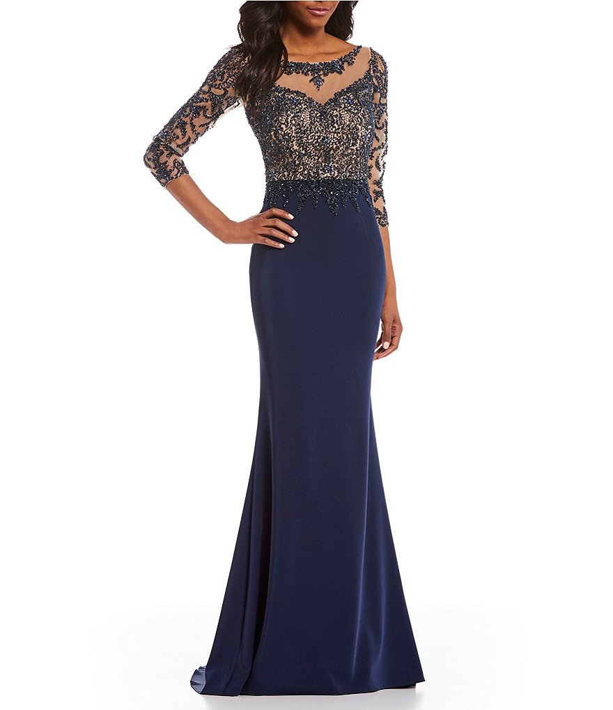 Terani Couture Illusion Lace 3/4 Sleeve Beaded Bodice Gown