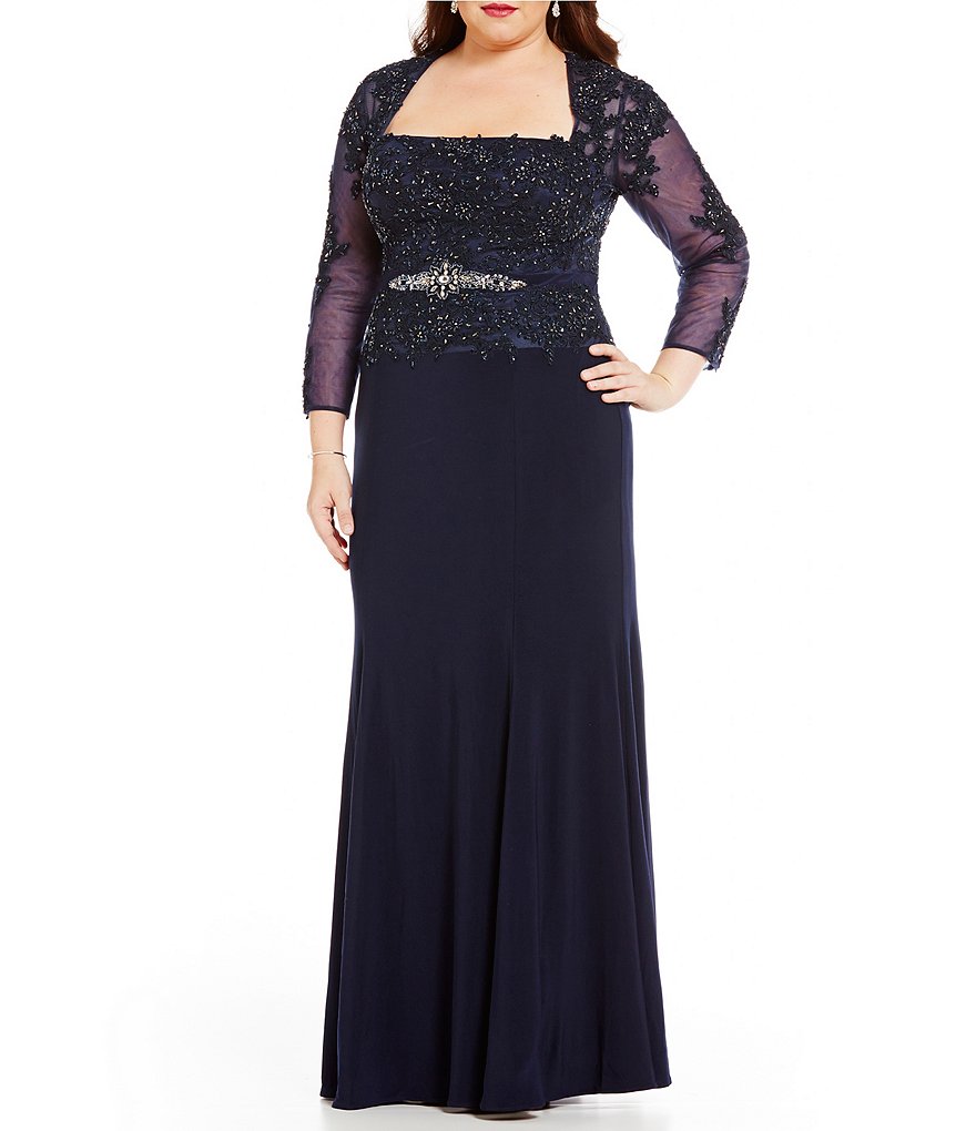 Terani Couture Plus 3/4 Sleeve Length Bead-Embroidered Gown