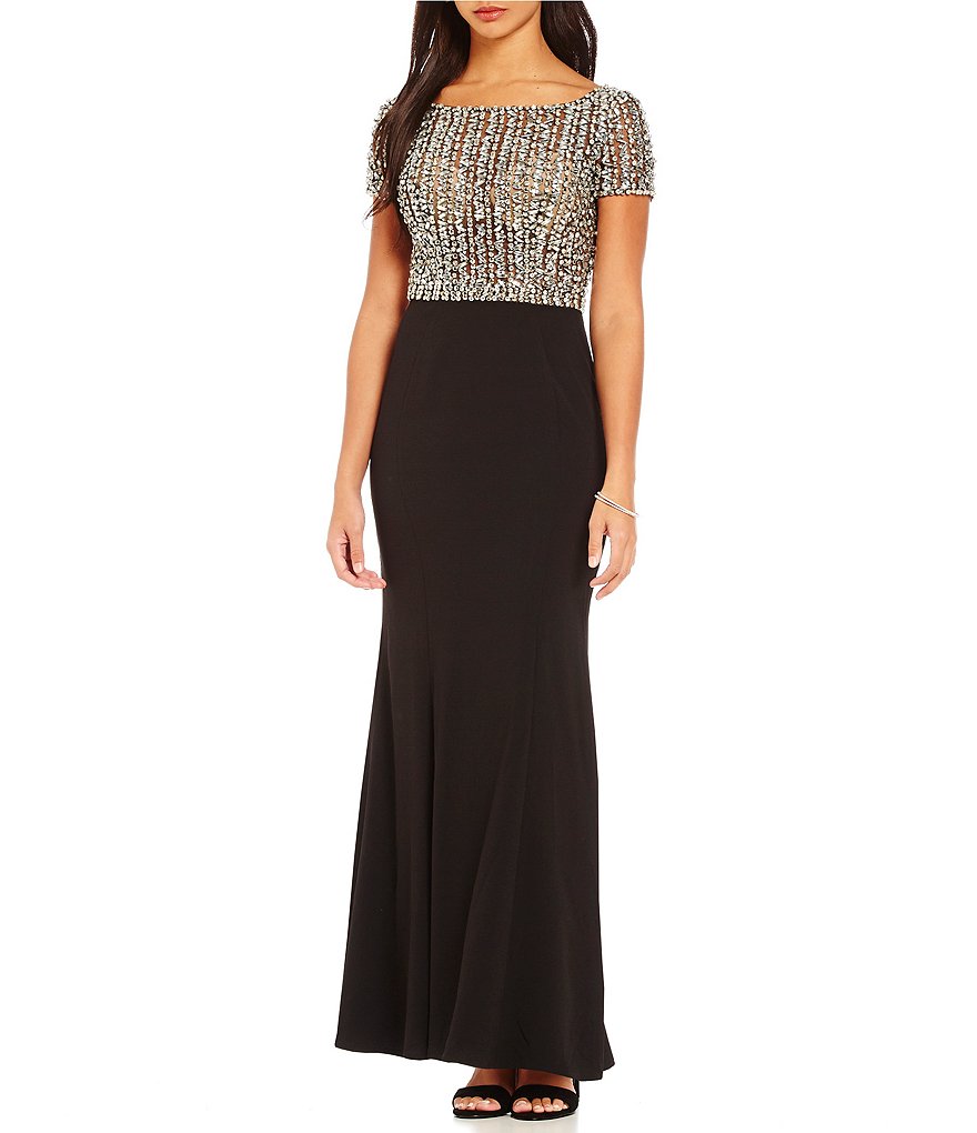 Terani Couture Short Sleeve Beaded Bodice Gown