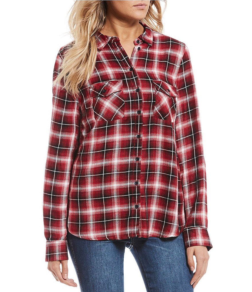 Timing Long Sleeve Plaid Double Pocket Button Front Top