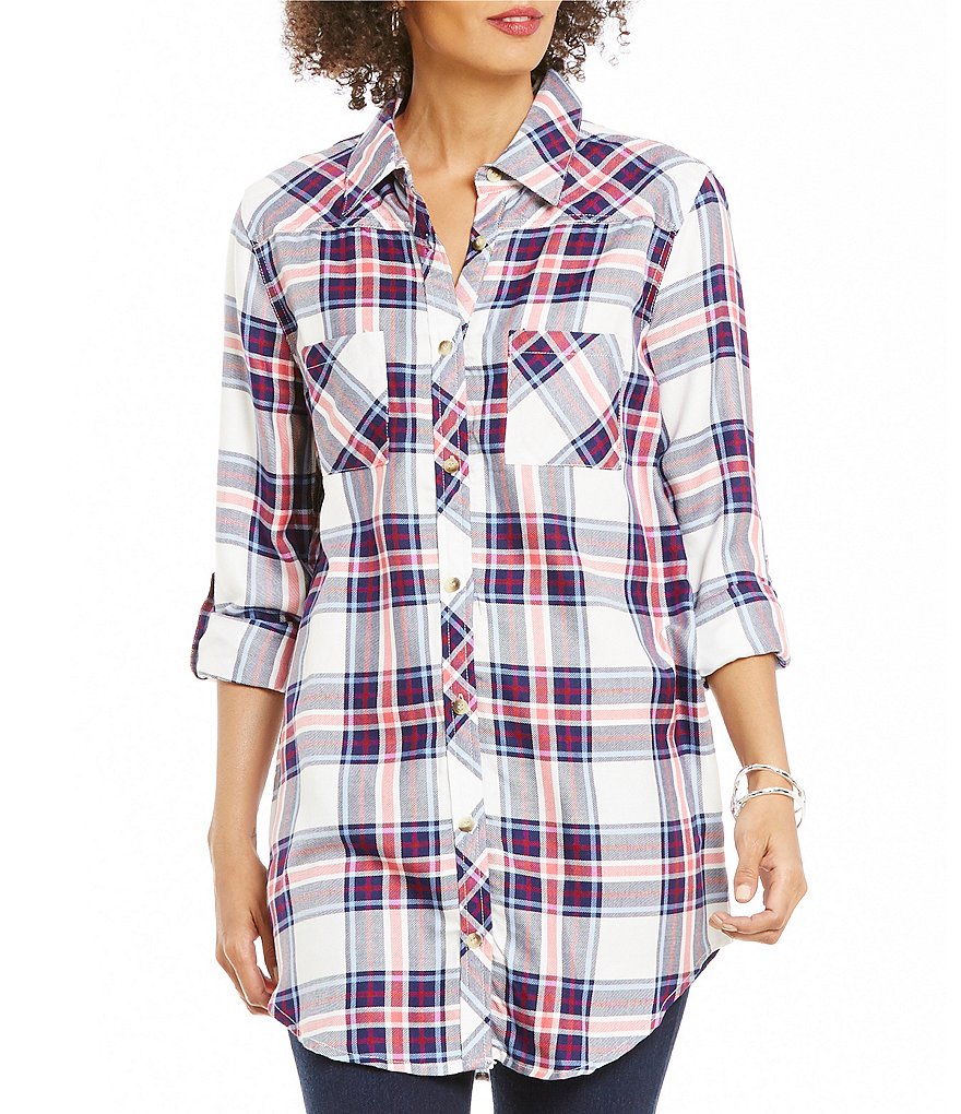 Tolani Tina Point Collar Roll-Tab Sleeve Button Front Plaid Tunic