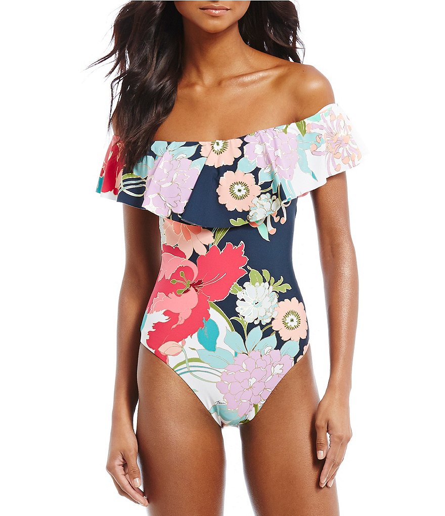Trina Turk Royal Botanical Ruffle Off-The-Shoulder One-Piece