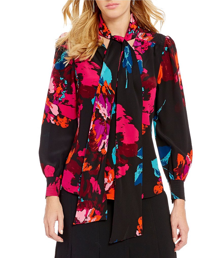 Trina Turk Woven Tie V-Neck Floral Blouse