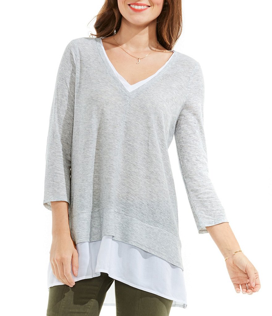 Two By Vince Camuto Double Layer Mix Media V-Neck Top