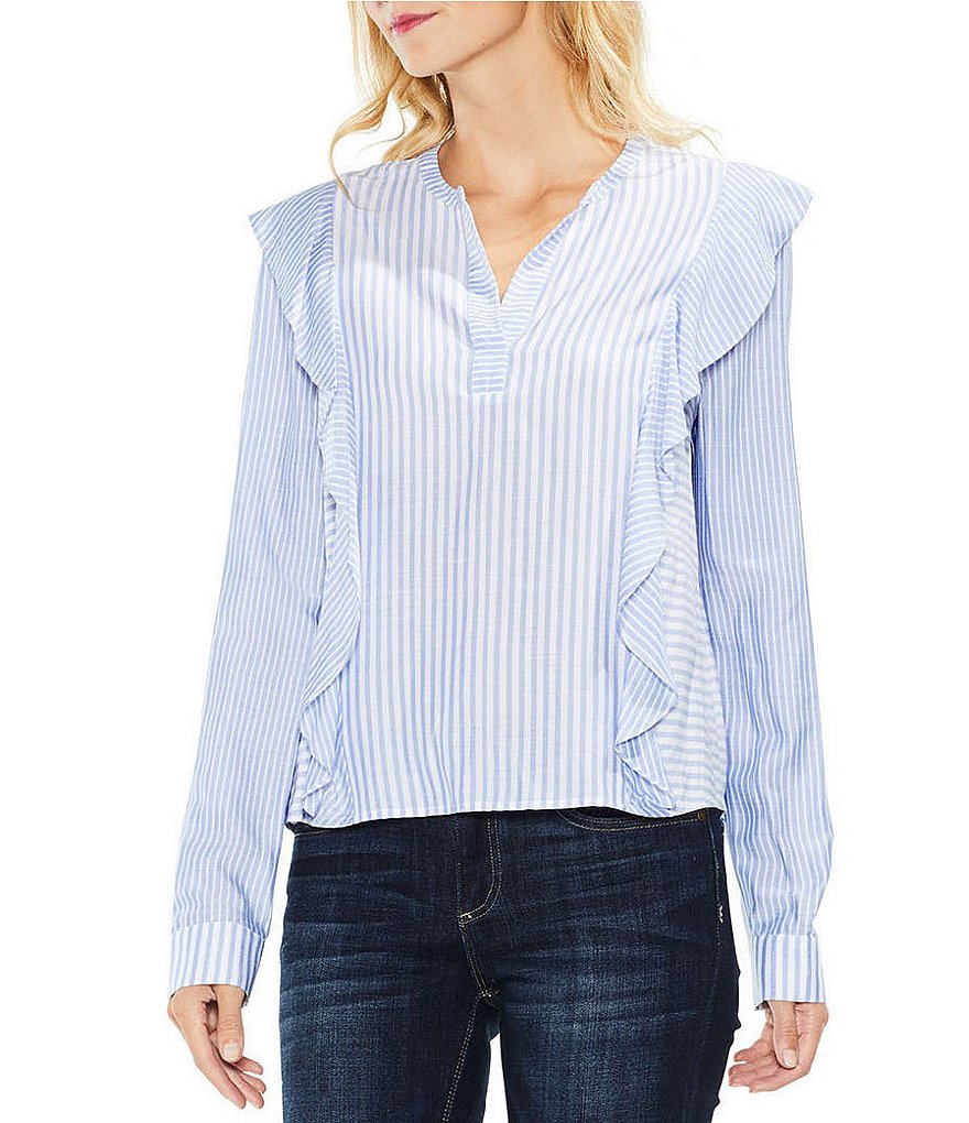 Two By Vince Camuto Mix Striped Ruffled Novelty Shirting Blouse