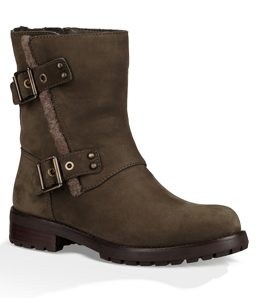 UGG® Niels Moto Water Resistant Leather Buckle Strap Block Heel Boots