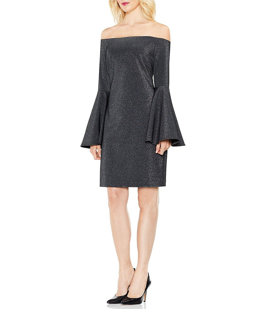 Vince Camuto Off the Shoulder Bell Sleeve Metallic Ponte Dress