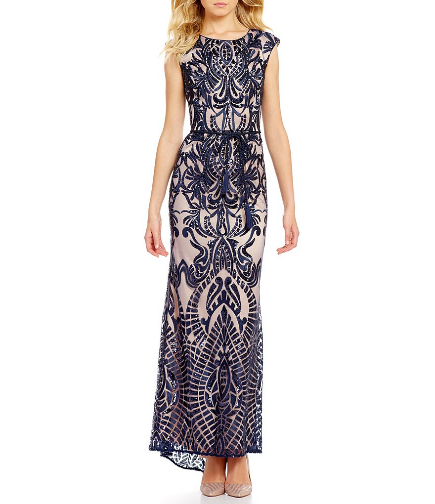 Vince Camuto Boat Neck Cap Sleeve Lined Sequin Gown