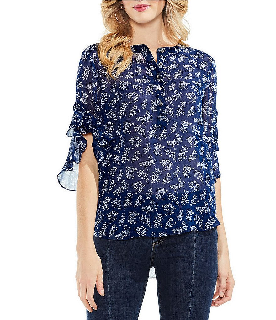Vince Camuto Flutter Sleeve Floral Print Henley Blouse