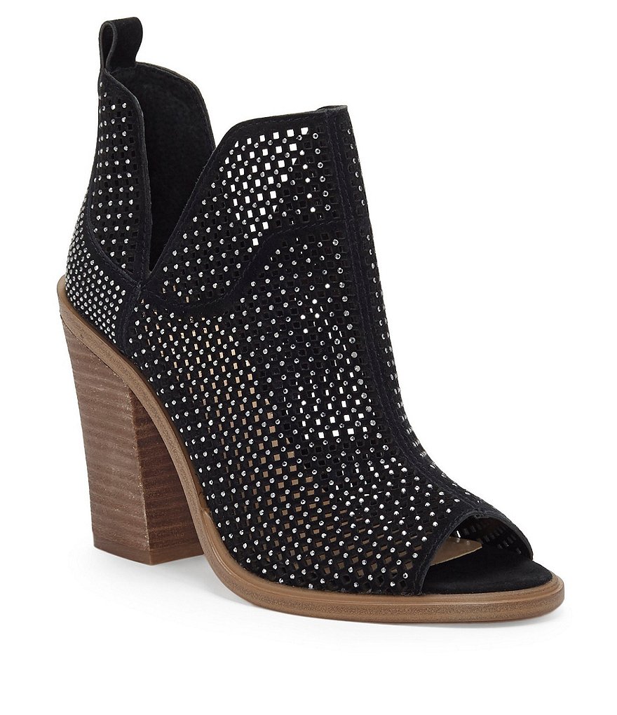 Vince Camuto Kiminni Jeweled Perforated Suede Peep-Toe Block Heel Booties
