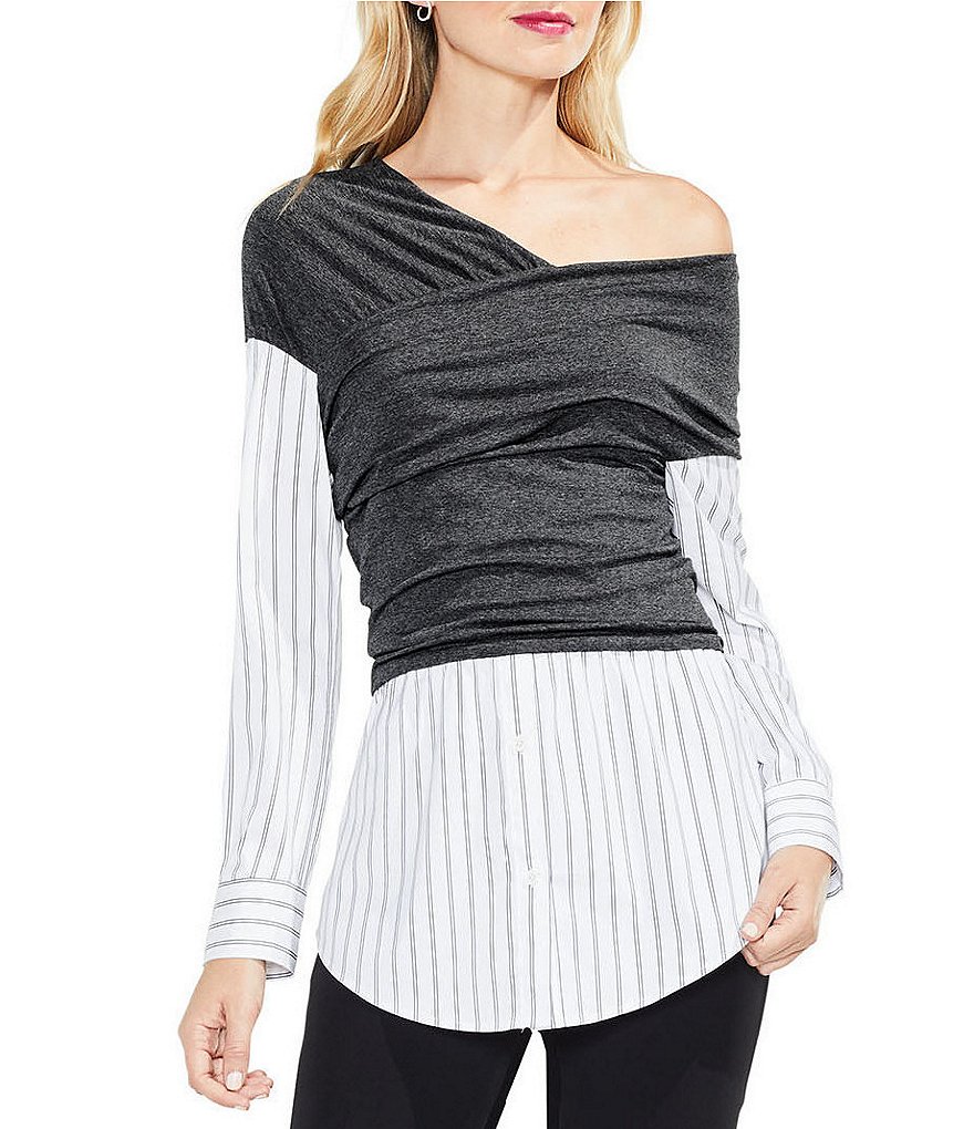 Vince Camuto Knit Wrap Front Off-Shoulder Stripe Novelty Shirting Blouse