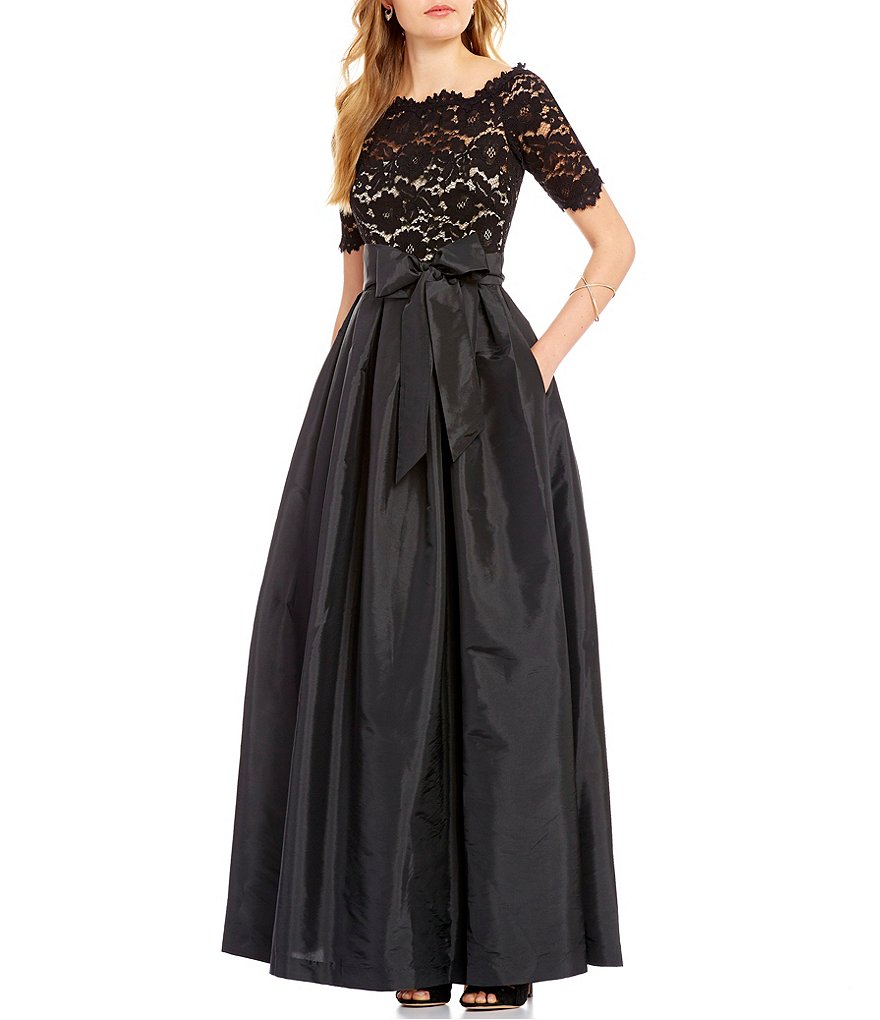 Vince Camuto Lace/Taffeta Off-The-Shoulder 3/4 Sleeve Gown