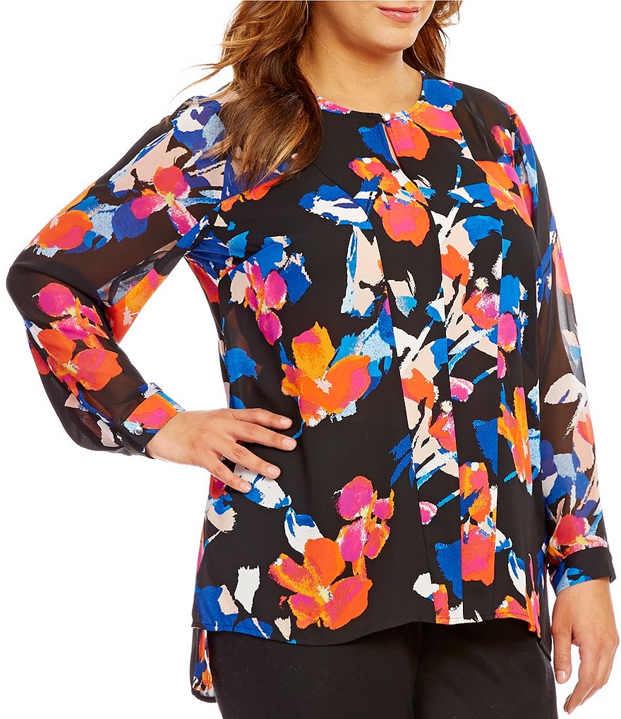Vince Camuto Plus Long Sleeve Floral Rendezvous Front Keyhole Blouse