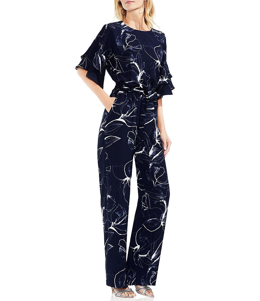 Vince Camuto Tiered Ruffle Sleeve Fresco Petals Belted Jumpsuit
