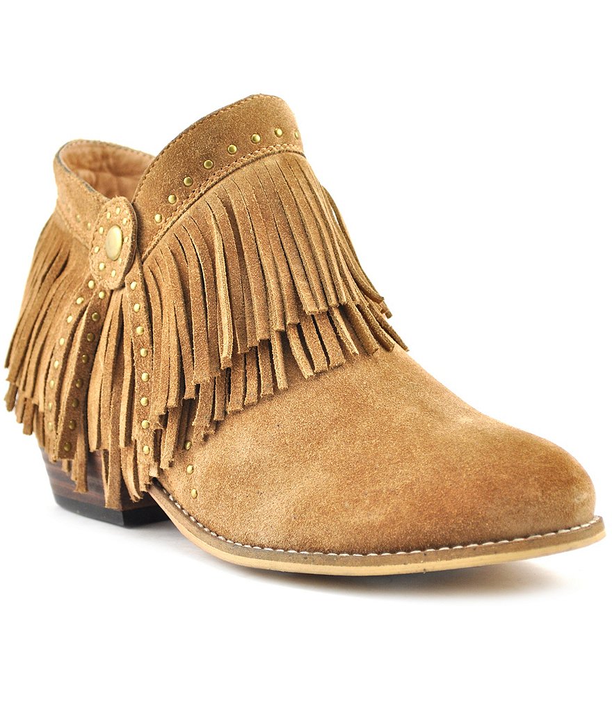 Volatile Cassandra Suede Fringe Stud Detail Asymmetrical Top Line Booties