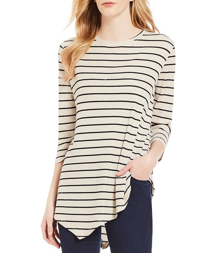 Westbound 3/4 Sleeve Striped Asymmetrical Hem Top