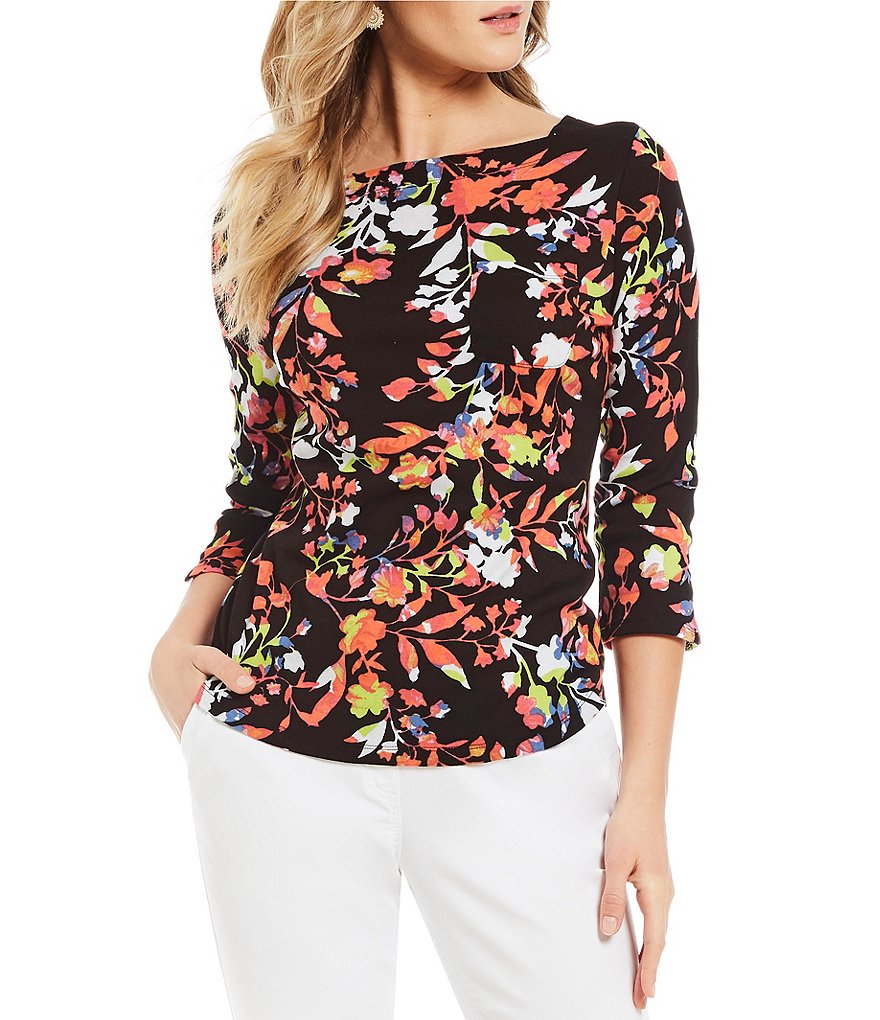 Westbound 3/4 Sleeve Multi Floral Print Boatneck Top