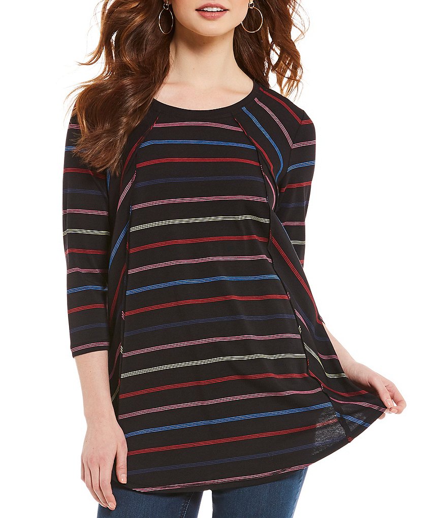 Westbound 3/4 Sleeve Multi Striped Seamed Tunic Top
