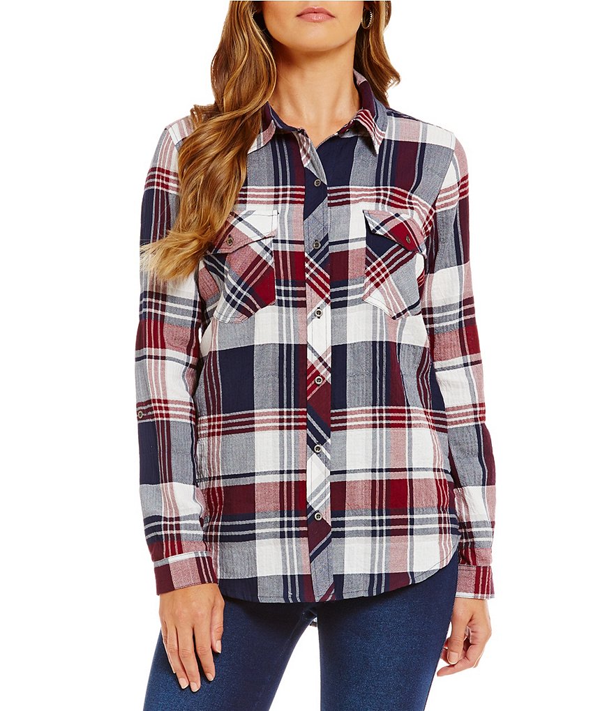 Westbound Petites 2-Pocket Button Front Plaid Top