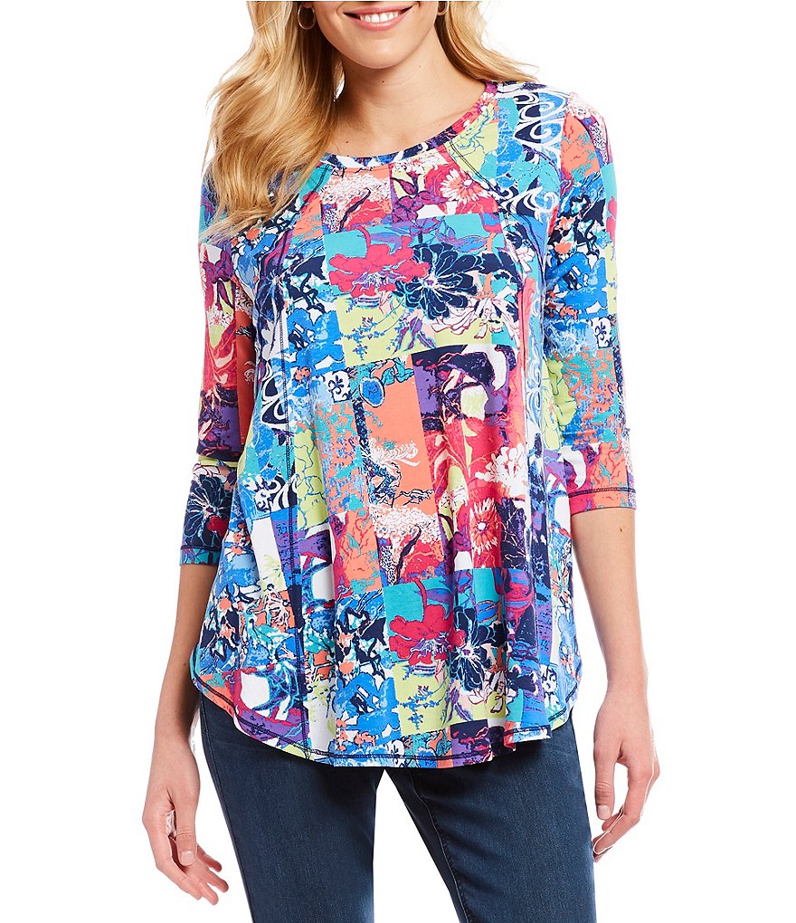 Westbound Petites 3/4 Sleeve Seamed Floral Print Tunic Top