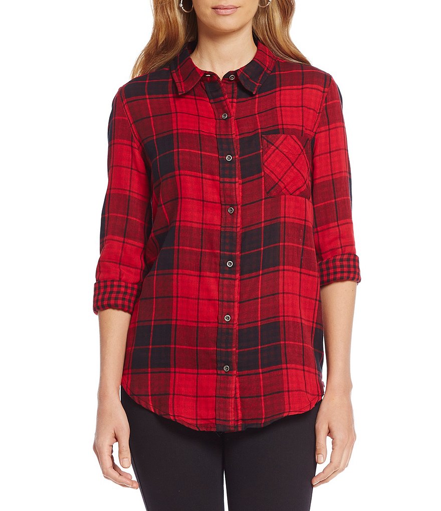 Westbound Petites Long Sleeve Mixed Media Button Front Shirt