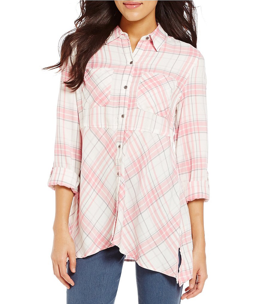 Westbound Petites Printed Button-Front Sharkbite Hem Top