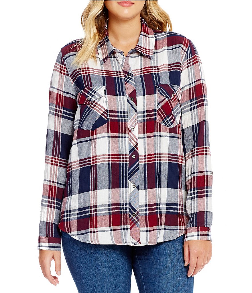 Westbound Plus 2-Pocket Button Front Roll-Tab Sleeve Top