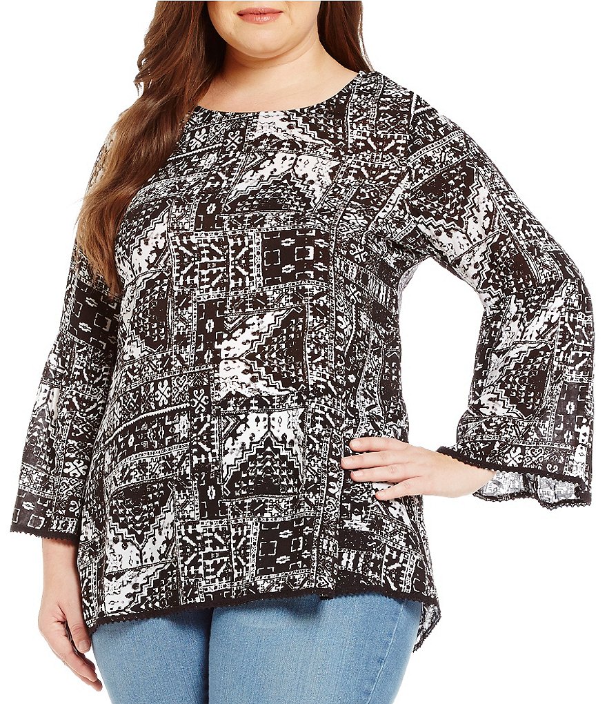 Westbound Plus 3/4 Sleeve Loop Hem Peasant Top