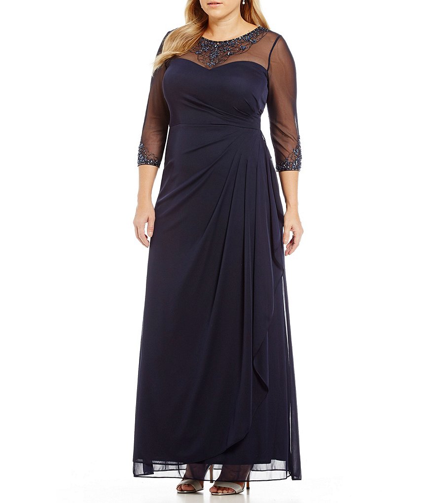 Xscape Beaded Illusion Neck Mesh 3/4 Sleeve Gown