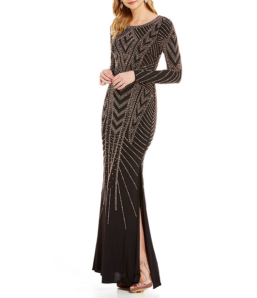 XSCAPE Caviar Beaded Long Sleeve Jersey Gown