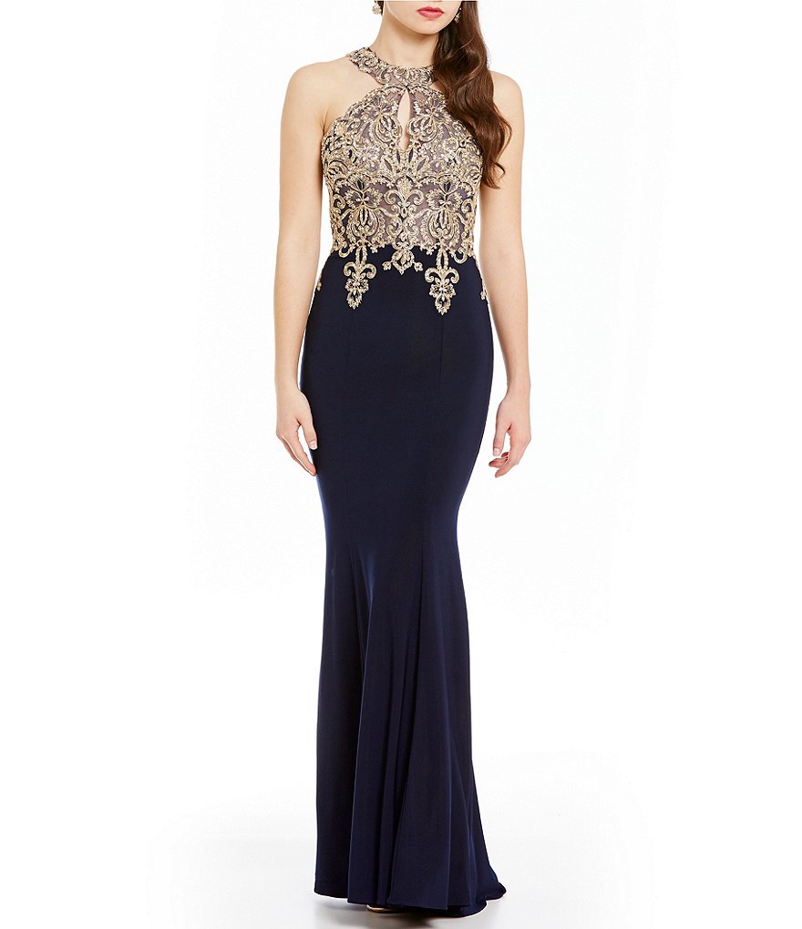 Xscape Gold Applique Halter Gown