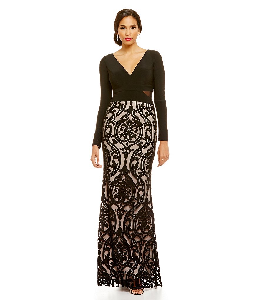 Xscape Long Sleeve Jersey Top Illusion Lace Bottom Gown