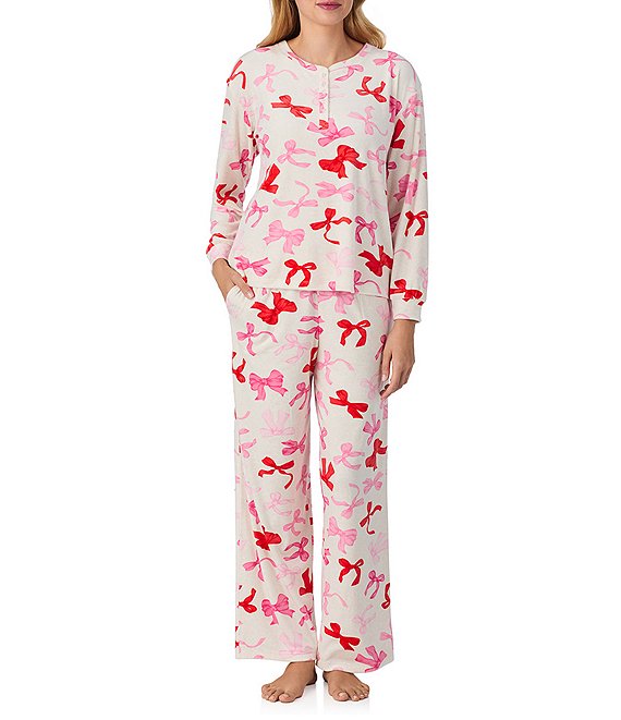 40WINKS 40 Winks Darling Bows Print Long Sleeve Henley Stretch Velour Long Pajama Set, Oatmeal Print - Image 1