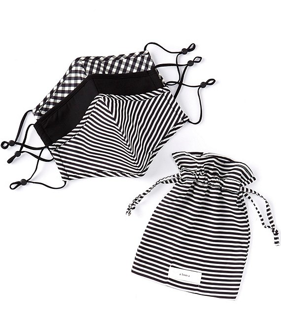 Color:Black Stripe Multi - Image 1 - 3 Piece Adjustable Black Stripe Multi Print Adult Cloth Face Mask Set with Pouch