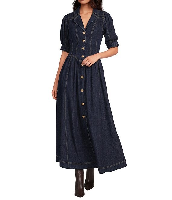 A Loves A Denim Notch Lapel 3/4 Bubble Sleeve Button Front Basque Waist Fit and Flare A-Line Maxi Dress, Dark Rinse - Image 1