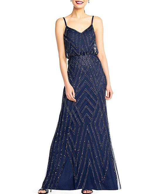 Color:Navy/Gunmetal - Image 1 - Beaded Sheath Blouson Gown