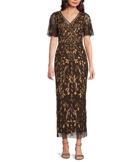 Adrianna Papell Flutter Sleeve Beaded Mesh Ankle Column Dress, Chocolate - Image 1