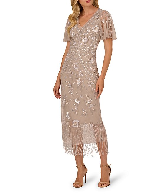 Adrianna Papell Mesh Beaded Fringe V-Neck Flutter Sleeve Sheath Midi Dress, Marble - Image 1