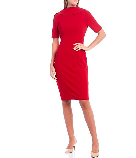 Color:Red - Image 1 - V-Back Foldover Collar Short Sleeve Sheath Dress