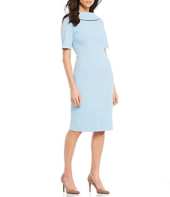 Color:Blue Mist - Image 1 - V-Back Foldover Collar Short Sleeve Midi Sheath Dress