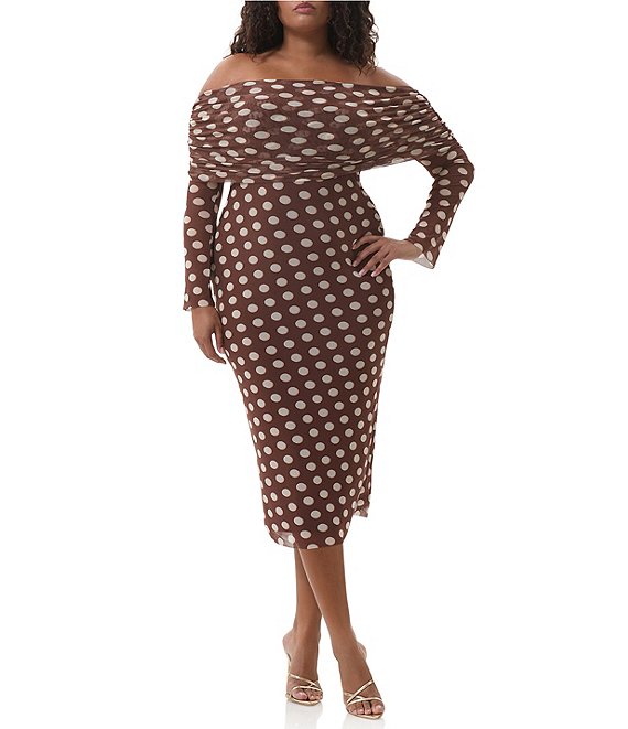 AFRM Plus Cornelia Polka Dot Print Off-the-Shoulder Long Sleeve Mesh Midi Dress, Chocolate Halo Dot - Image 1