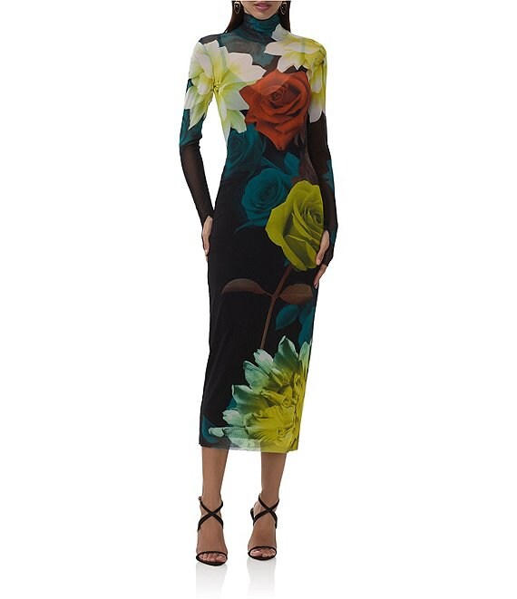 AFRM Shailene Floral Print Turtleneck Long Sleeve Bodycon Midi Mesh Dress, Citron Blossom - Image 1