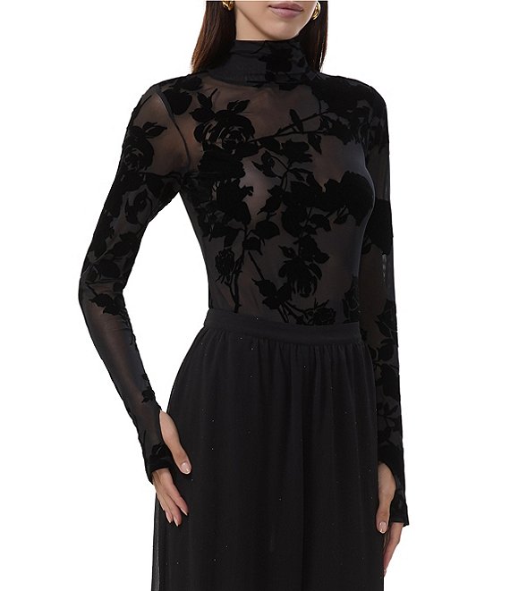 AFRM Zadie Coordinating Floral Flocked Mock Neck Long Sleeve Mesh Top, Cascade Rose - Image 1