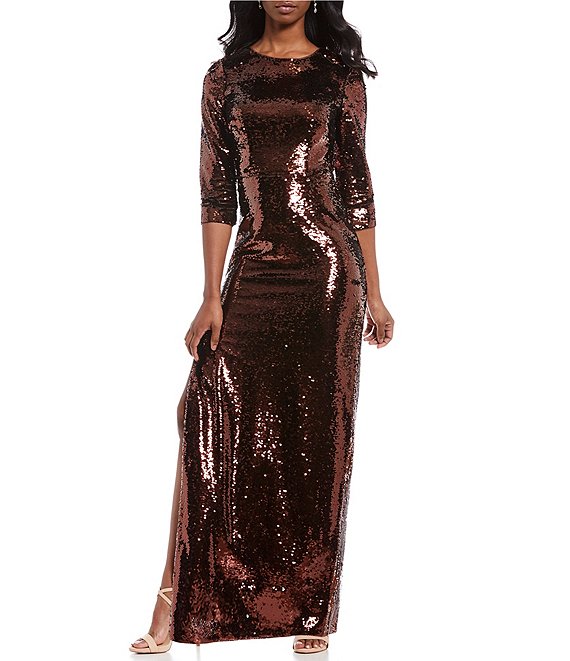 Aidan Aidan Mattox Metallic Sequin Side Slit Sheath Gown