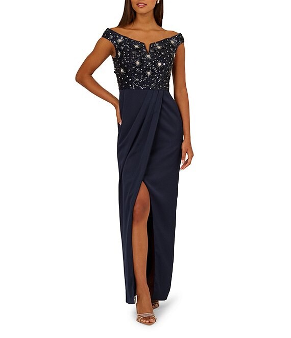 Aidan Mattox Beaded Mesh Off-The-Shoulder Cap Sleeve Satin Column Dress, Twilight - Image 1