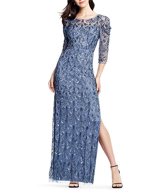 Color:Dusty Blue - Image 1 - Draped Sleeve Boat Neck Beaded Gown
