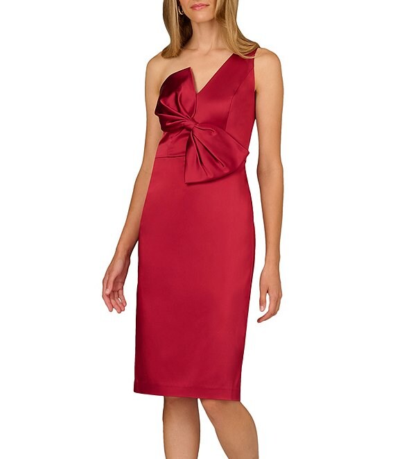Aidan Mattox Satin One Shoulder Front Bow Sheath Midi Dress, Matador Red - Image 1